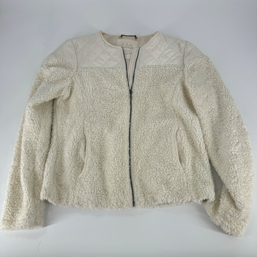 Prana Womens Cream Sherpa Quilted Jacket Fleece Cozy Outerwear‎ Size L